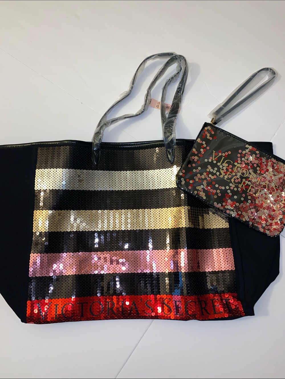Victorias Secret Sequin Stripe Tote Bag & Wristlet Black Gold Pink Red Large